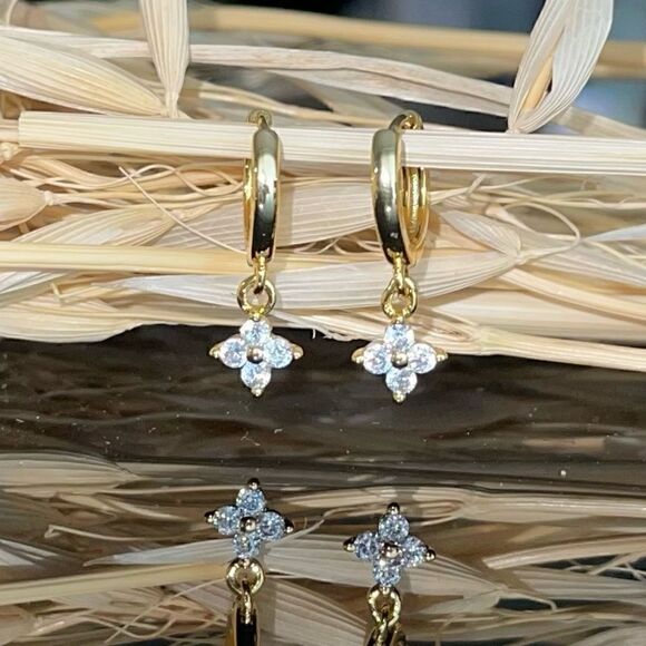 Gold Plated Dangle Huggie Hoop Earrings Dainty Minimalistic Silver CZ gems - Picture 1 of 2